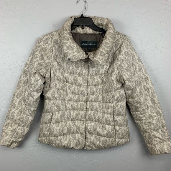 Eddie Bauer Goose Down Puffer Jacket Women's Beige Lace Motif Size Medium - Picture 1 of 9